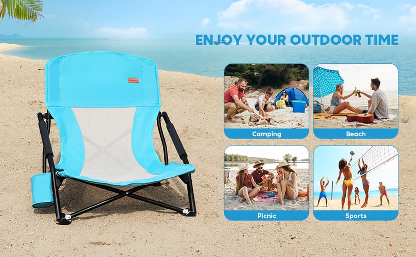 TOBTOS Low Beach Chair for Adults 2 Pack, Low Profile Folding with Cup Holder & Carry Bag, Heavy Duty Chair for Outdoor Sand, Camping, Concert, Travel