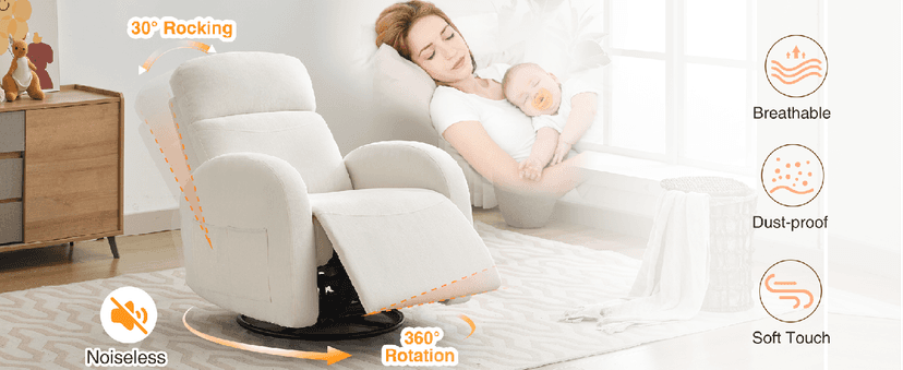 Rocking Recliner Nursery Chair, Swivel Recliner Glider for Nursery with 2 Pockets, Reclining Rocking Chair, Manual Recliners for Living Room, Bedroom, Cream White Chenille