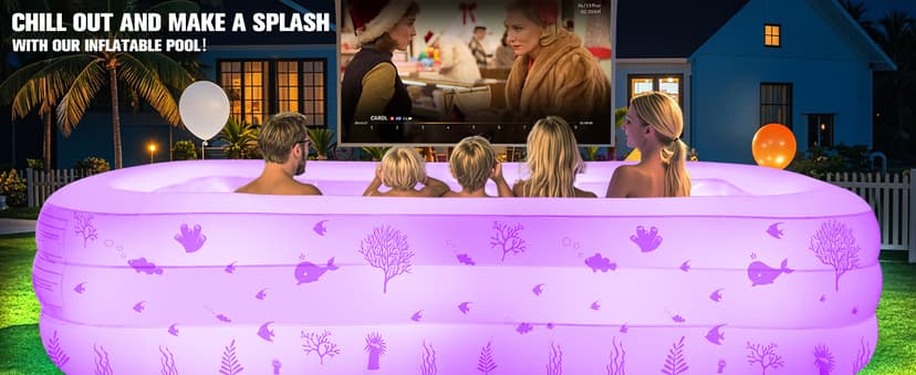 Inflatable Pool with Seat and Pool Lights, Durable Thickened Large Size Inflatable Pools for Adults Blow Up Pools,100" x 63" x 22"Swimming Inflatable PooI for Backyard,Outdoor (White)