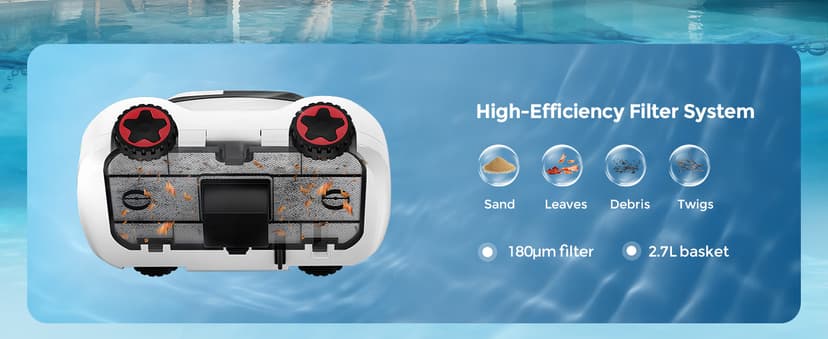 C5 Cordless Robotic Pool Cleaner with 180-Min Runtime, 2.7L Large Filter Basket & Self Parking, Pool Vacuum for Above-Ground Flat Pools up to 2200 Sq.Ft
