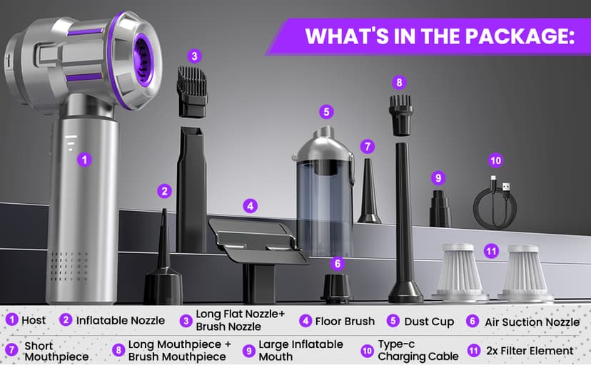 Handheld Vacuum Cordless, 28000Pa 4 in 1 Car Vacuum Portable Cordless, One-Touch Dust Removal, 3-Speed Brushless Motor Mini Vacuum, Ideal for Home, Car, Office, and Pet Hair Cleanup, Silver