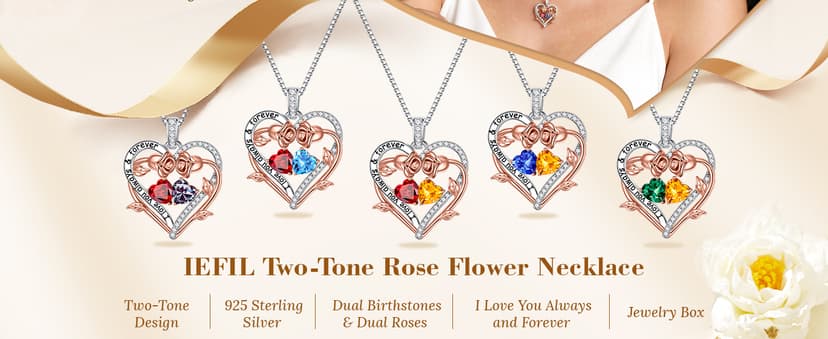 925 Sterling Silver Necklace, Gift Box Packaging, Anniversary Birthday Gifts for Women Her Wife Mom Grandma Iefil Rose Heart Double Birthstone Necklace, Gifts for Wife Her Women B0C1YY72HH
