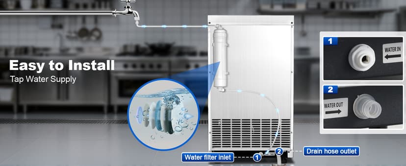 Amzgachfktch Commercial Ice Maker, 100lbs/24H Ice Maker Machine, Auto Self-Cleaning, LED Digital Display, Blue Light, Under Counter/Freestanding Ice Machine for Home/Office/Restaurant/Bar