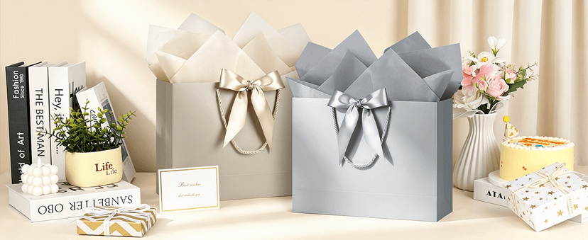 JMANNI Gift Bag, 1PCS Gift Bags Large with Ribbon and 1 Greeting Cards 2 Tissue Paper, Portable Paper Gift Bag with Handles, Birthday Gift Bags,Present Bags for Wedding Party Mothers Day