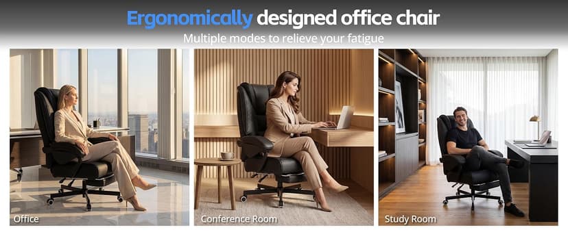 Ergonomic Executive Office Chair - Big and Tall Home Comfy Desk Gaming Chair for Adults, Heavy Duty Leather Reclining Wide Computer Chair with Foot Rest and Back Support (Black)