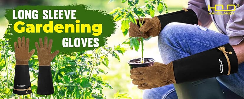 HANDLANDY Long Gardening Gloves for Men & Women, Pigskin Leather Rose Pruning Gloves, Breathable Thorn Proof Gauntlet Glove (Brown-Pigskin, M)