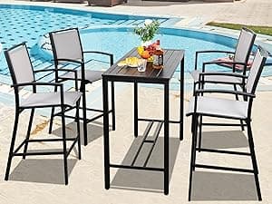 Vongrasig 6 Piece Folding Patio Dining Set,Small Metal Outdoor Garden Patio Table and Chair Set w/Umbrella for Lawn,Deck,Backyard,Black
