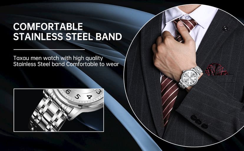 Taxau Watches for Men Stainless Steel Waterproof Two Tone Luxury Casual Silver Wrist Watch Quartz Analog Business Big Face Classic Dress Mens Watches with Day Date