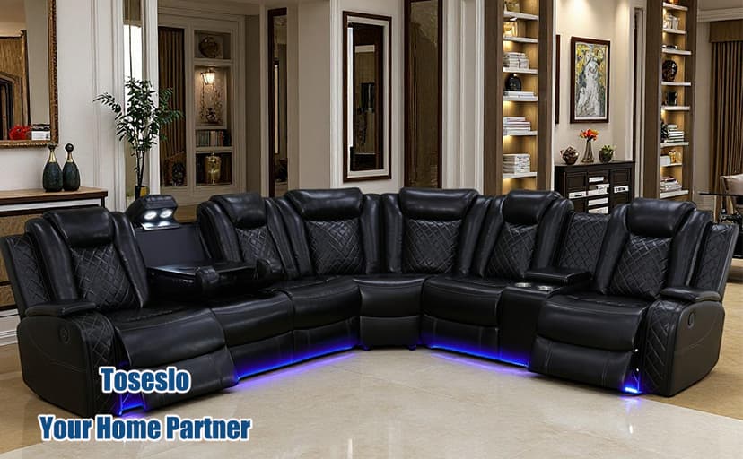 Toseslo Power Reclining Sectional Sofa Set with LED Light,Leather Sectional Couches, Living Room Furniture Sets, Modern Power Recliner Sofa Sets with Cup Holder for Living Room(Brown)