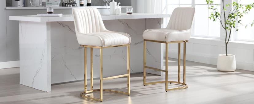 CIMOTA Counter Height Bar Stools Set of 2 with Back Modern Kitchen Counter Stools with Gold Legs Leather Island Chairs Comfy Stripe Barstools for Breakfast Bar, 26 Inch/PU Beige