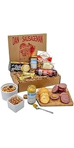 Dan the Sausageman Silver Star Gourmet Meat & Cheese Gift Box – Original & Garlic Summer Sausages, Sweet Hot Mustard, Sockeye Salmon, Water Crackers, Almond Roca – 8-Item Holiday Snack Box