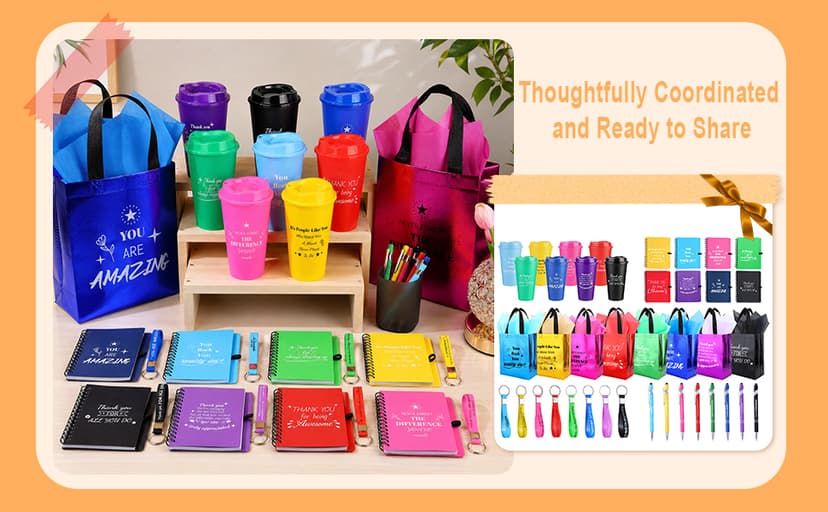48 Pcs/8 Sets Employee Appreciation Gifts Bulk - Includes Thank You Gift Bags with Tissue Paper Notebooks Pens Cups Keychains - Thank You Gifts for Coworkers Teachers Staff Team Volunteers (Colorful) B0G5DCYSHJ