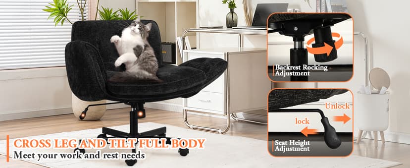 Criss Cross Chair with Wheels & Arms, Chenille Cross Legged Office Chair with 5-level Folding Armrest, Comfortable Adjustable Swivel Vanity Chair for Home, Make Up, Bed Room, Office, Accent (Black).