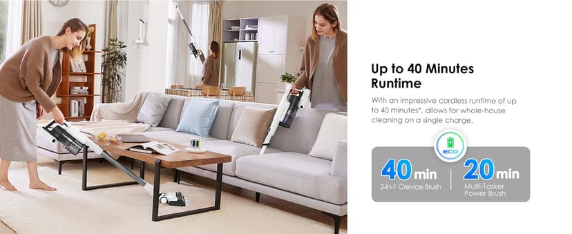 Tineco A20 Cordless Stick Vacuum Cleaner, Powerful Suction, 3 Modes for Multi-Level Messes, 1L Larger Dustbin, Ergonomic Dual-Handle Design, Wall-Mount Dock, LED Headlight