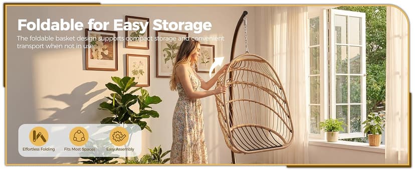 NICESOUL Hanging Egg Chair with Stand Indoor Outdoor, Comfy Patio Rattan Swing Hammock Chairs with Cushion, 350lbs Capacity Egg Shaped Chair for Lawn Backyard Balcony Bedroom, Birthday Gift, Beige