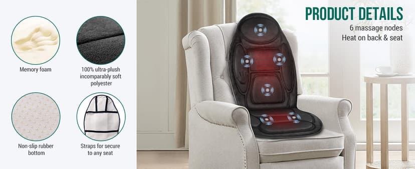 Snailax Back Massager with Heat, Memory Foam Chair Massage Pad, 5 Massage Modes & 2 Heat Settings, Seat Massager for Office Chair,Home Use