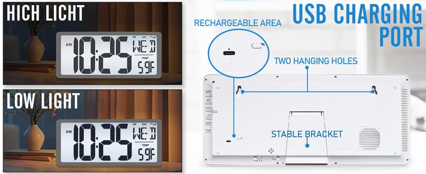 Large Digital (6" Numbers) Wall Clock Battery Operated, 18.4" Walll Clock Display with Day, Date & Temperature, Large Wall Clock for Bedroom, Livingroom, Office