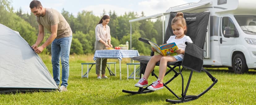 Huskfirm Oversized Rocking Camping Chair Folding Rocking Chair with High Back Padded Outdoor Rocking Chair Heavy Duty Portable Rocker Chair for Camping, Lawn and Patio, Supports Up to 400 lbs, Grey