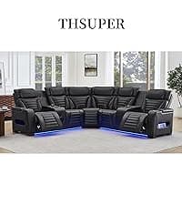 THSUPER Black Leather Power Recliner Sofa Loveseat Sets with Arm Storage and Power Headrest, Leather Living Room Reclining Sofa and Loveseat Set with Cup Holders and Bluetooth Speaker. | Breathable material, LED ambient light, Reading light, Hidden outlet, USB and Type-C port
