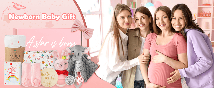 Newborn Baby Girl Gift, 9 Pcs Baby Gifts for Girls Newborn Essentials, New Baby Girl Gift Basket Baby Shower Gender Reveal Gifts, New Mom Gift Swaddle Blanket Bunny Rattle Gift Set