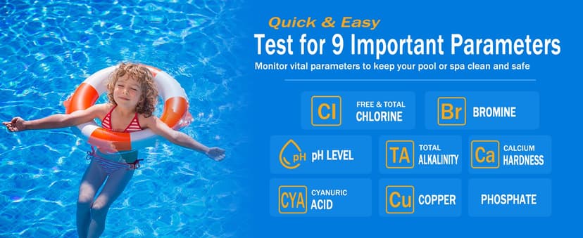 9 Way Pool Test Kit - Hot Tub and Spa Water Chemical Test Kit for pH & Total Chlorine & Free Chlorine & Bromine & Total Alkalinity & Calcium Hardness & Cyanuric Acid & Copper & Phosphate