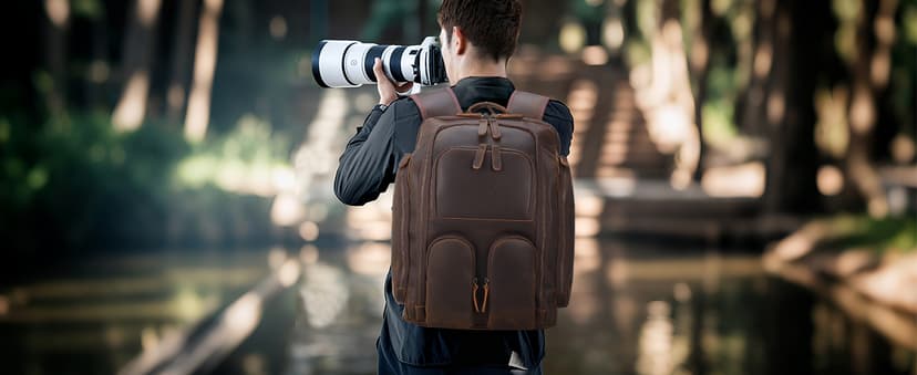 Masa Kawa Leather Backpack for Men with 16" Laptop & Camera Lens Sleeve, Multi Pockets Weekend Trip Business Travel Overnight Camping Bag, Vintage Brown