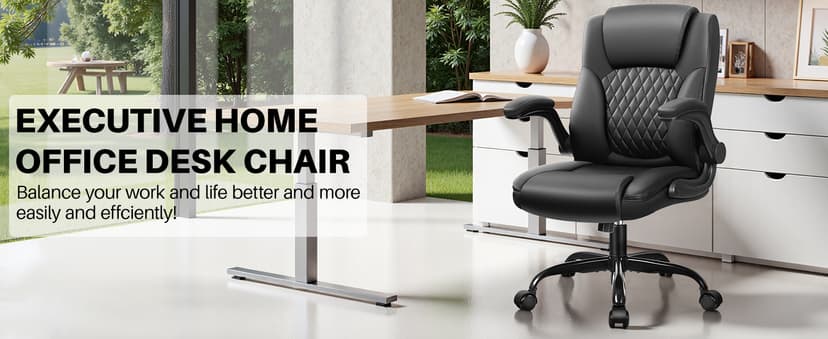 BestEra Leather Office Chair, Ergonomic Executive Desk Chair with Adjustable Armrests, 360° Swivel, High Back & Lumbar Support for Home Office (Black)