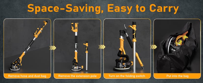 GEVEELIFE Drywall Sander, 880W 7.33A Electric Drywall Sander with Vacuum Dust Collector, 5 Variable Speed 1000-2100RPM, LED Light, Foldable & Extendable Handle, 12 Sanding Discs (Dark Orange)