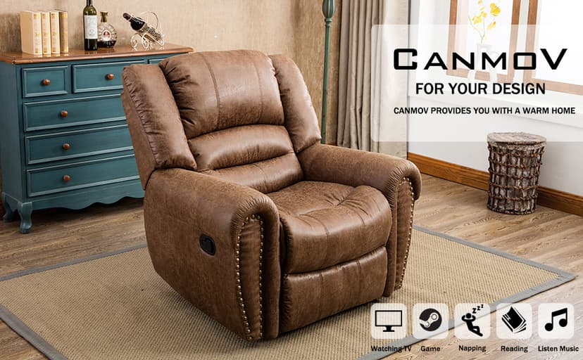 CANMOV Leather Recliner Chair, Classic and Traditional Manual Recliner Chair with Comfortable Arms and Back Single Sofa for Living Room, Nut Brown