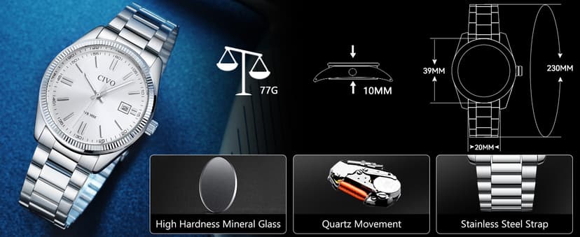 CIVO Analog Mens Watches Silver: Wrist Watches with Date Easy to Read - Dress Stainless Steel Watch for Men Gifts for Husband Father at Birthday Anniversary