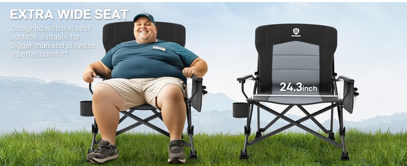 EVER ADVANCED Oversized Folding Camping Chair for Adults with Adjustable Lumbar Support, Heavy Duty Chair with Side Pockets, Portable Collapsible Quad Chair for Outside