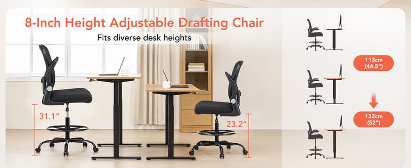 Drafting Chair, Tall Office Chair for Standing Desk, Mesh High Desk Chair with Flip-Up Armrests, Ergonomic Office Chair with Lumbar Support, Adjustable Footrest Ring Studio Chair, Black