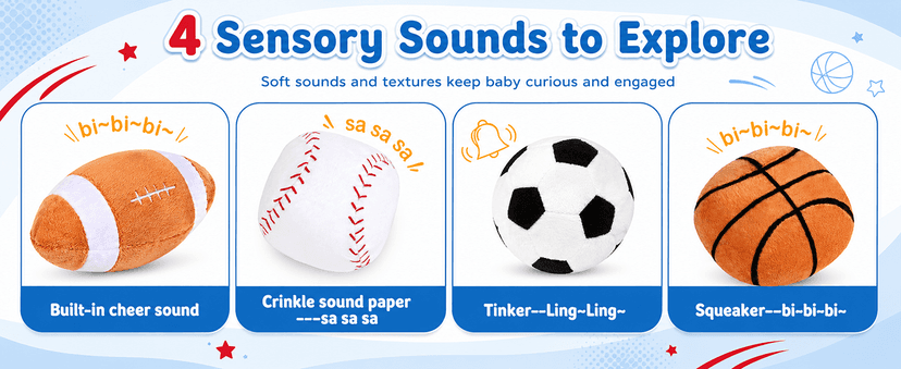 KMUYSL Baby Toys 0-12 Months, My First Sports Bag Plush Toy - 4 Sensory Balls Soft Toys with Crinkle, Rattles for 0-3-6-9-12 Month Newborn Infant, 1st Birthday for Babies Boys Girls Age 1