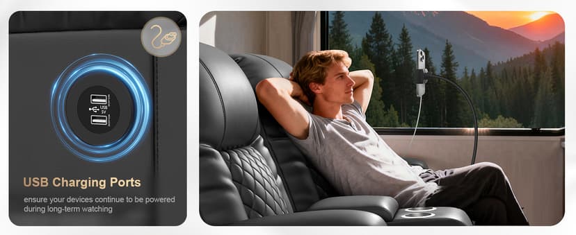 Loveseat Recliner Sofa, Home Theater Seating with Center Console, Reclining Loveseat RV Couch with USB Ports & Phone Holders, Wall Hugger RV Sofa Furniture with Storage & Pocket