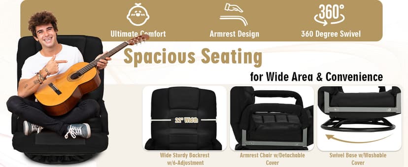 Swivel Floor Gaming Chair w/Armrests, Folding Video Reclining Sofa w/6 Adjustable Position, Padded Backrest & Cushion, Lazy Lounger Couch for E-Sports, Reading, Relaxing, Watching TV, Black