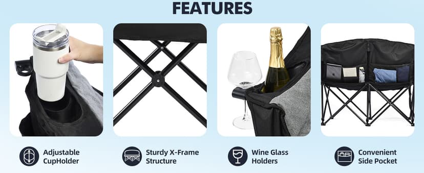 Double Camping Chair Loveseat - 2 Person Oversized Camping Couch for Adults Padded Heavy Duty Outdoor Lawn Beach Portable Folding Chairs with Cup Holders and Carry Bag Support 600lbs, Black/Grey