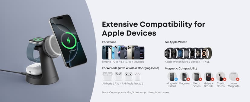 Anker MagSafe Charger Compatible, MagGo 3-in-1 Charging Station, Nano Charging Stand, Qi2 Certified 15W Magnetic Wireless Charger Dock, for iPhone17/16/15/14, Apple Watch,AirPods (Adapter Included)