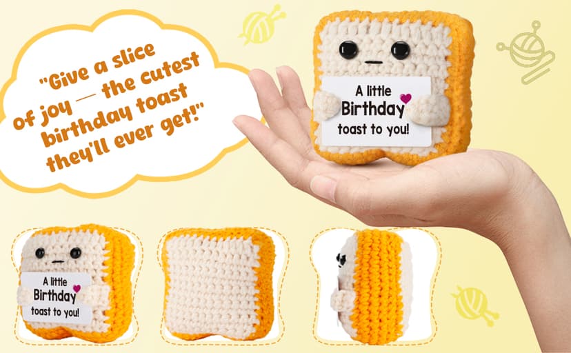 A little Birthday Toast to you - Crochet Toast Happy Birthday Gifts Card, Fathers Day Dad Gifts for Mom Women Men Her Him Sister Best Friend Girls Boys Fanny Handmade Knitted Emotional Positive Toast