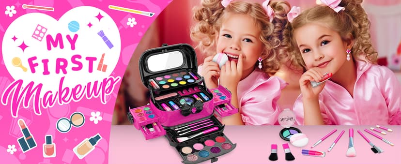 Hollyhi 58 Pcs Kids Makeup Kit for Girl, Princess Toys Real Washable Cosmetic Set with Mirror, Kids Makeup Sets for Girls, Play Make Up Birthday Gifts for 3 4 5 6 7 8 9 10 11 12 Years Old Kid (Rose)