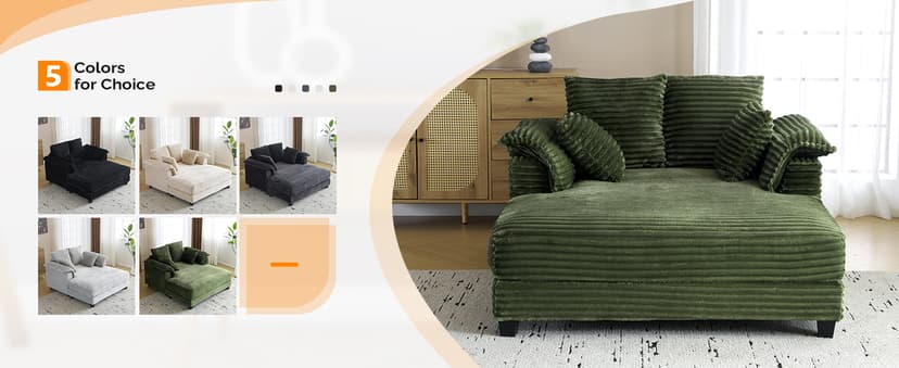 VINGLI Lounge Chair, 56" Oversized Reading Chair Corduroy Chaise Sofa Recliner Bed Upholstered Comfy Sleeper Couch with Throw Pillows and Armrests for Living Room, Movie Room, Bedroom