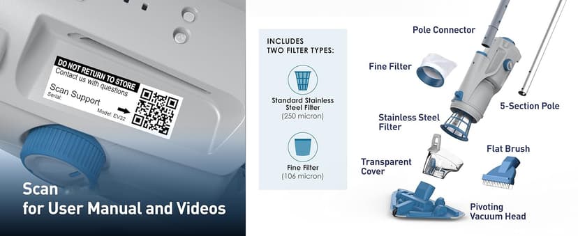 KOKIDO 2025 Cordless Pool Vacuum with 72” Pole, Standard & Fine Interchangeable Filters, Ideal for spot Cleaning, 2 Vac Heads, Spot Clean, for Small Above & Inground Pools, Spas Hot Tubs XV320