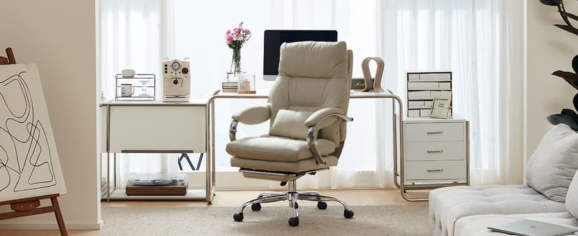 LEAGOO Office Chair with Foot Rest, Ergonomic Executive Office Chair with Arms, Reclining High Back PU Leather Comfy Swivel Computer Desk Chairs with Wheels and Lumbar Support for Home Office, Cream