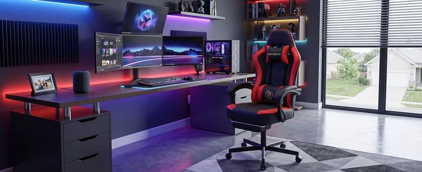 Desk Computer Gaming Chair - High Back Ergonomic Office Chair with Footrest and Lumbar Support, Swivel Comfy Home Gamer Video Game Chairs with Pocket Spring Cushion for Adults (White Leather)