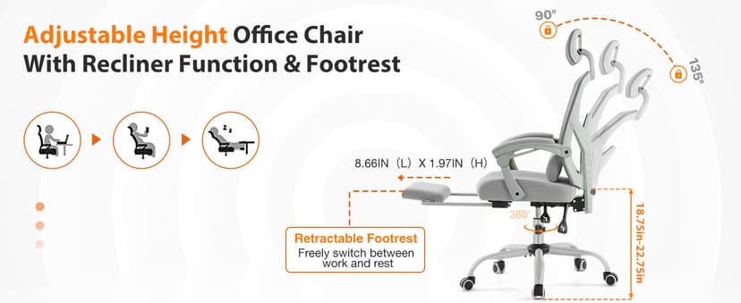 Sweetcrispy Office Computer Desk Chair with Footrest,Ergonomic High-Back Mesh Rolling Work Swivel Chairs with Wheels,Comfortable Lumbar Support,Comfy Arms for Home,Bedroom,Study,Student,Light Grey