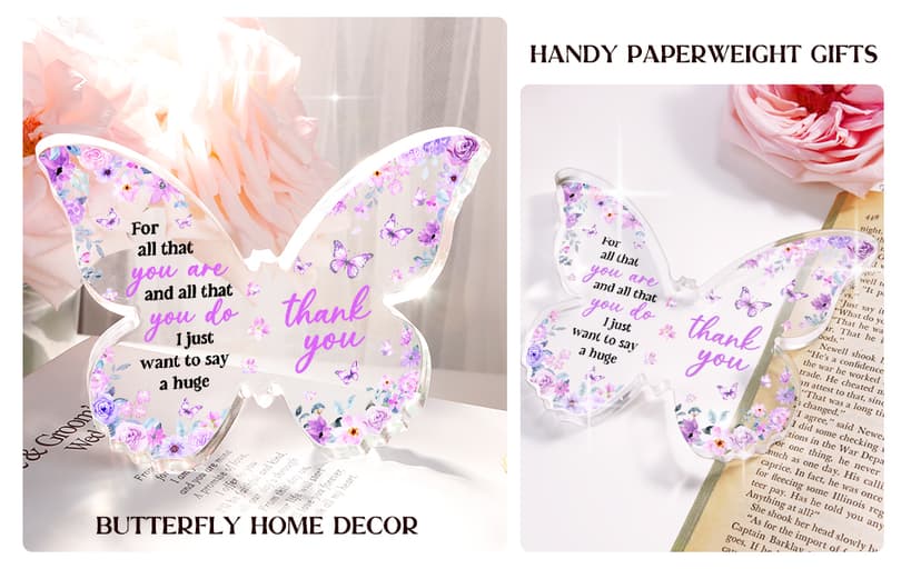 Thank You Gifts for Women, Appreciation Gifts for Teacher Employee Coworker Nurse Friend, 5x3.8x0.5 Inch Purple Butterfly Acrylic Plaque Decor, Graduation Wedding Thank You Grateful Gift Bulk