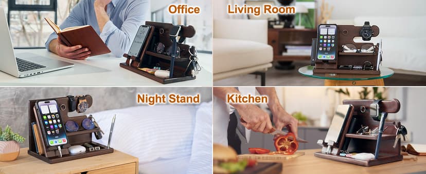 TESLYAR Wood Phone Docking Station for Men - Desk or Nightstand Organizer - Birthday Gifts for Husband, Dad - Anniversary Idea from Wife - Key Holder, Stand Wallet, Watch & Essentials (Bourbon Brown)