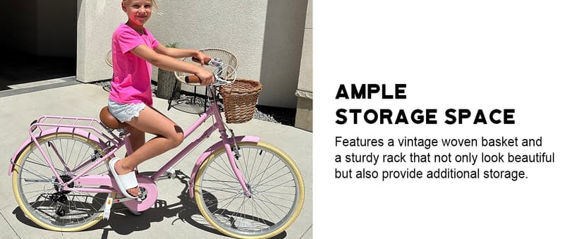 Glerc 20 24 26 Inch Beach Cruiser Bike, 6-Speed Hybrid City Bicycle for Girls Youth and Over 6 Years Old, Missy Bike with Wicker Basket & Lightweight, Multiple Colors