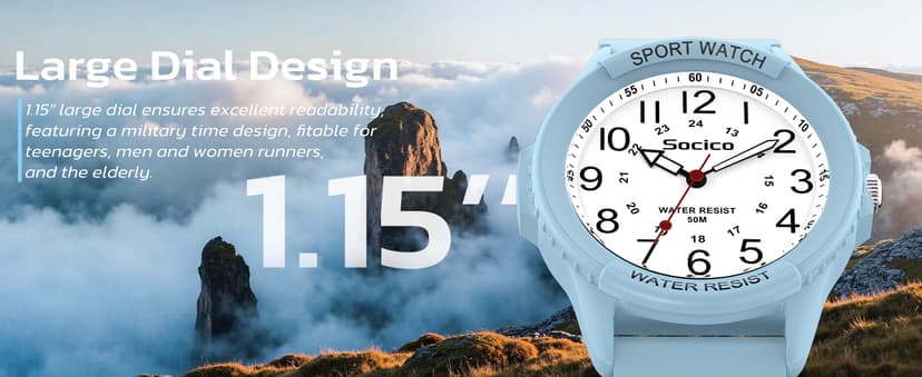 SOCICO Watch for Men Women Big Face Classic Analog Quartz Sports Backlight Unisex Waterproof Nurse Watch for Medical Army Military Time with Second Hand Easy to Read Casual Wristwatch