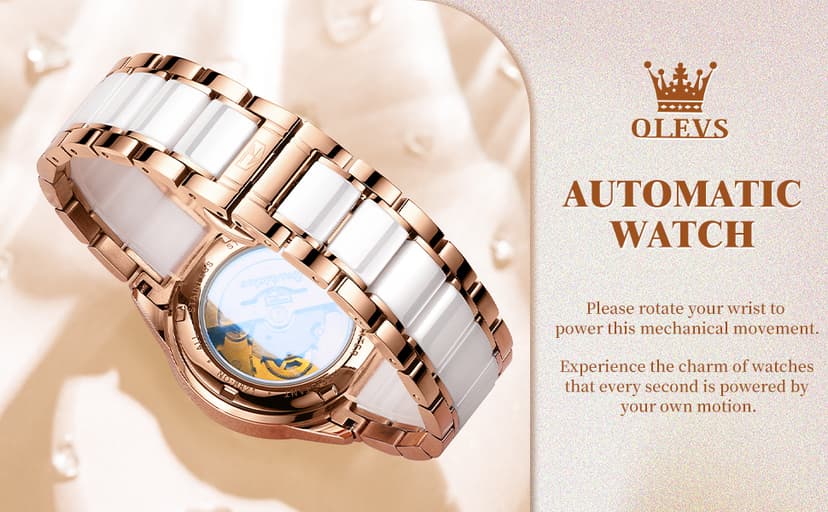 OLEVS Womens Big Face Automatic Watch, Diamond Accented Self Winding Dress Watch for Women, 50M Waterproof Day-Date Sapphire Crystal, Two Tone Stainless Steel Ceramic Band, White/Blue/Green/Red Dial