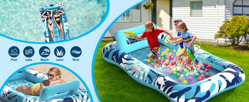 Pool Floats Adult,76" x 48" XL Inflatable Tanning Pool Lounger Float with Pillow,4 in 1 Suntan Tub Sunbathing Raft Floatie Water-Filled Mattress Kids Pool Ball Pit,Perfect for Lake River Party & Relax